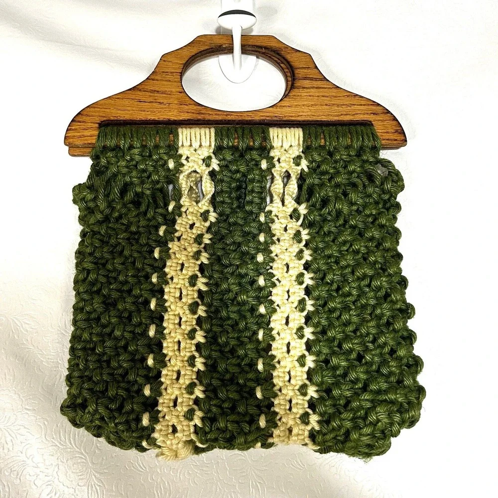 Vintage Crochet Knit Macrame Purse Wood Handles Green White Boho Granny Retro - Picture 3 of 9